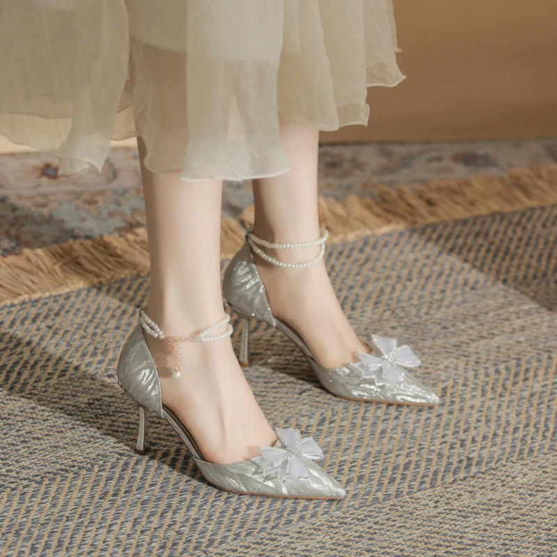 夏季高跟单鞋一字带法式凉鞋女2025新款尖头细跟蝴蝶结中空凉鞋