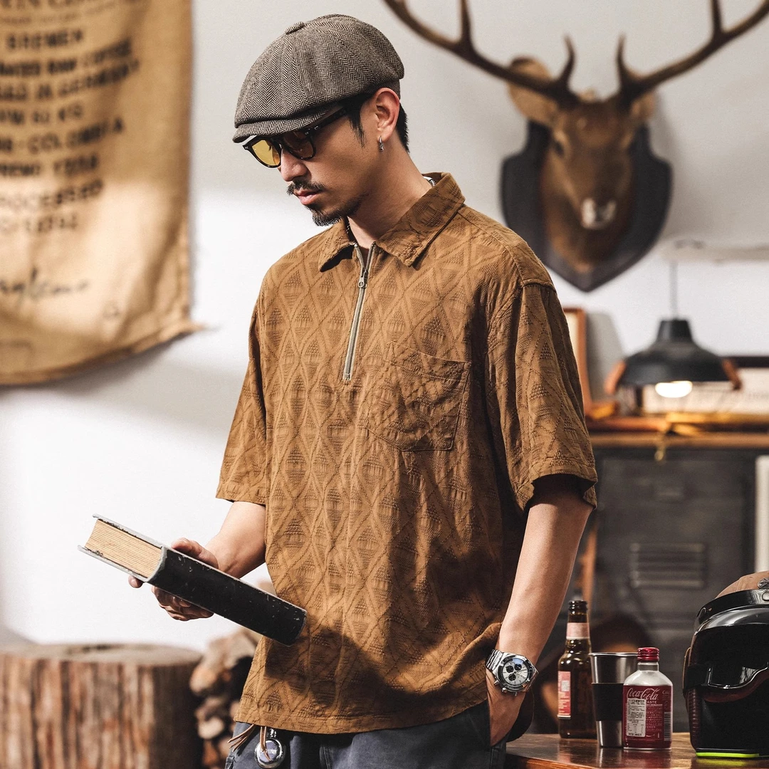 美式复古国潮短袖百搭t恤男夏季潮流肌理感Polo衫男宽松大码上衣