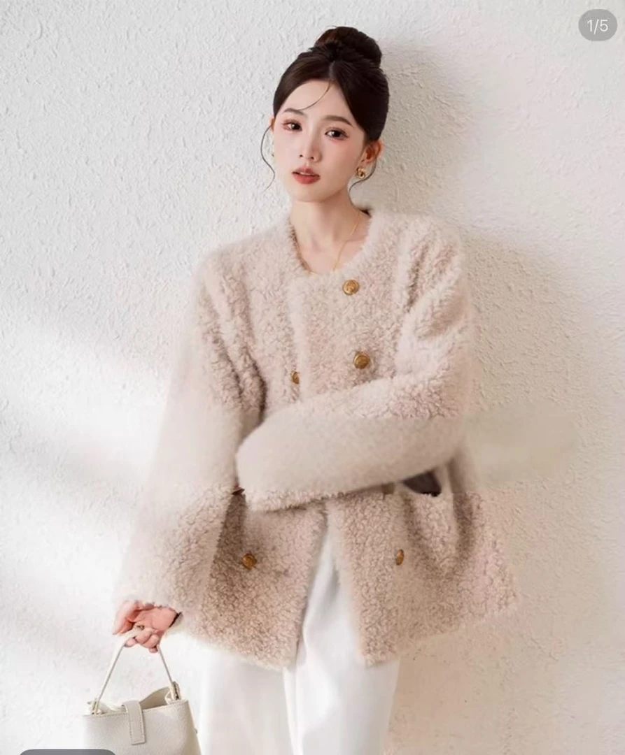 小香风双排扣全羊毛秋冬皮草外套2025新短款圆领百搭羊羔毛上衣