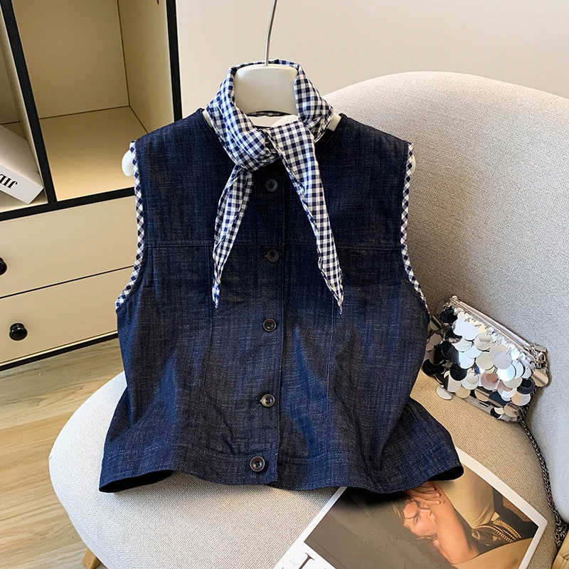 复古洋气时尚翻领丝巾牛仔马甲秋季新款宽松薄款无袖坎肩马夹上衣