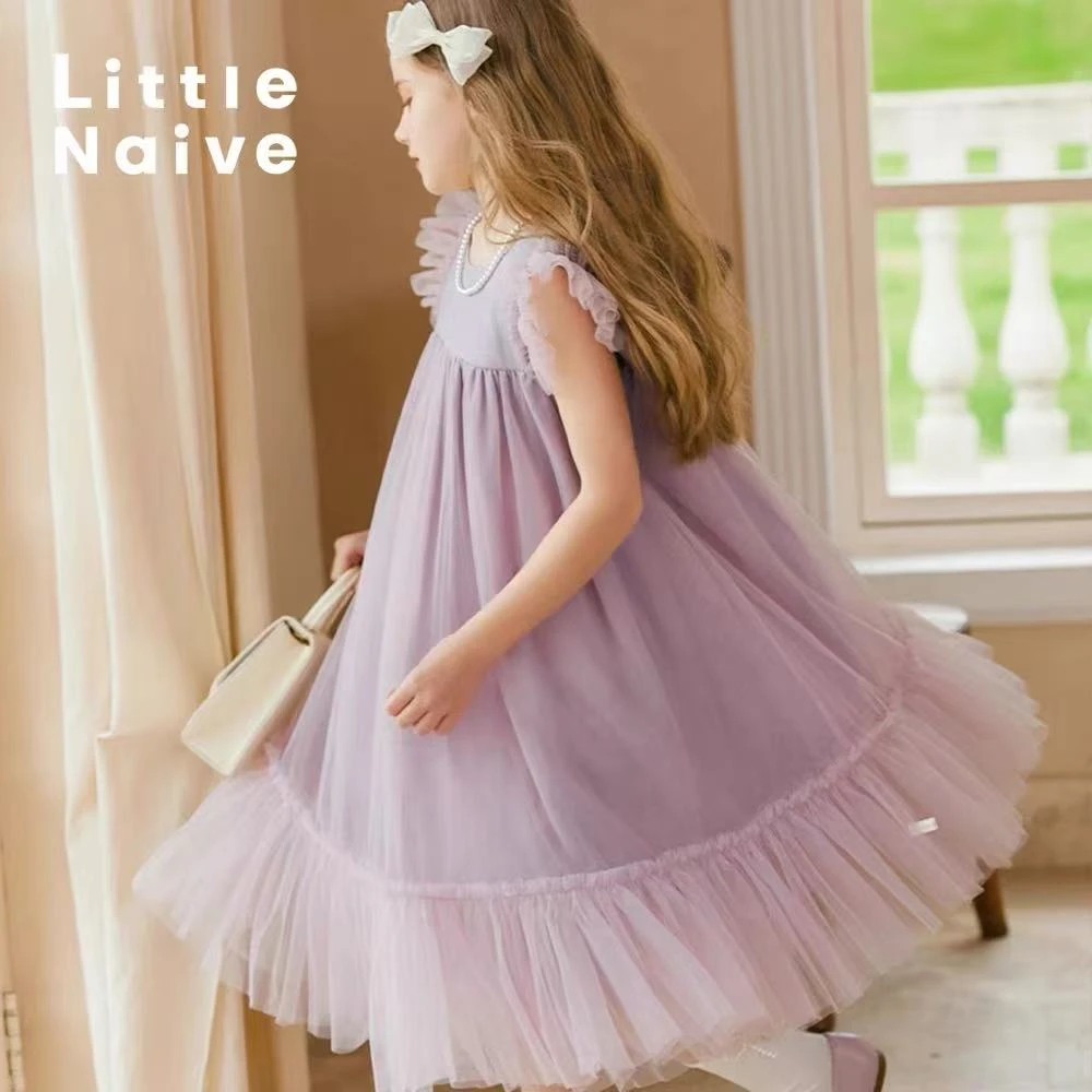 2025中大童女童连衣裙夏季演出礼服纱裙紫色洋气网纱儿童公主裙子