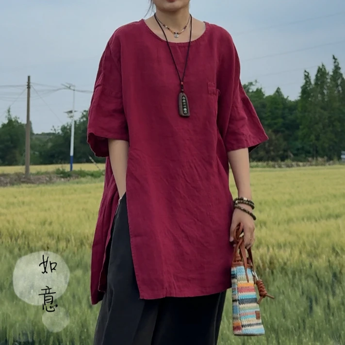 麻满｜亚麻侧开衩圆领中长款袍子薄款五分袖宽松（胸围140 衣长80）