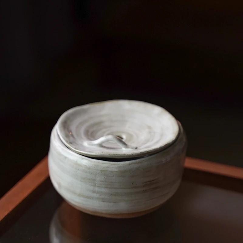 阿茶   陶瓷功夫茶具敦煌粗陶建水带盖茶渣桶-粉引双层建水复古