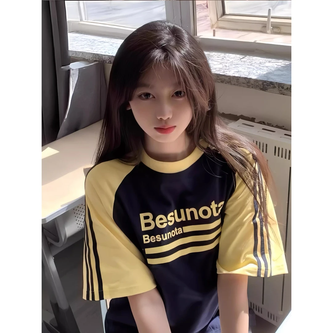 美式条纹插肩短袖t恤女大童夏季初中高中学生宽松洋气三条杠上衣