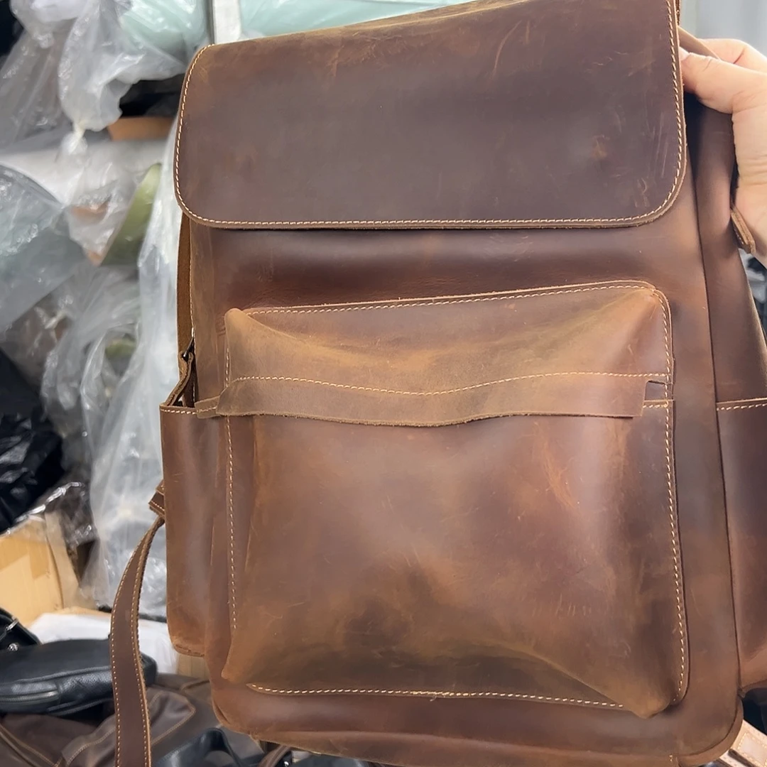 复古棕疯马皮双肩背包电脑包