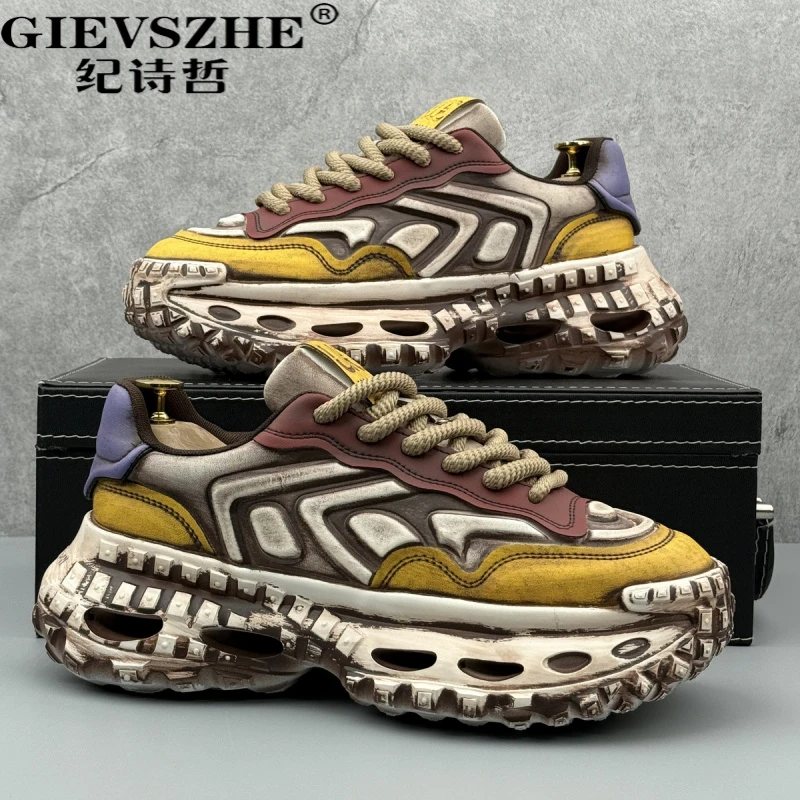 纪诗哲复古潮牌老爹鞋男夏季擦色做旧厚底增高男士做旧网面老爹鞋