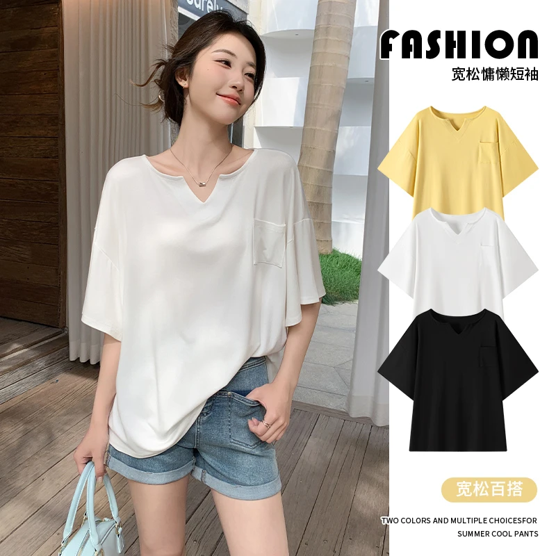 醉梓菡慵懒风宽松短袖t恤女夏季新款大码设计小众口袋V领外穿上衣