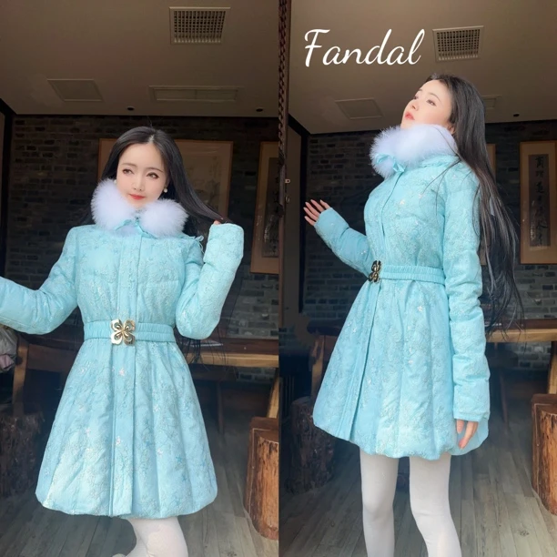 粉黛原创 艾莎公主 洋气减龄抽绳收腰显瘦加厚蕾丝羽绒服