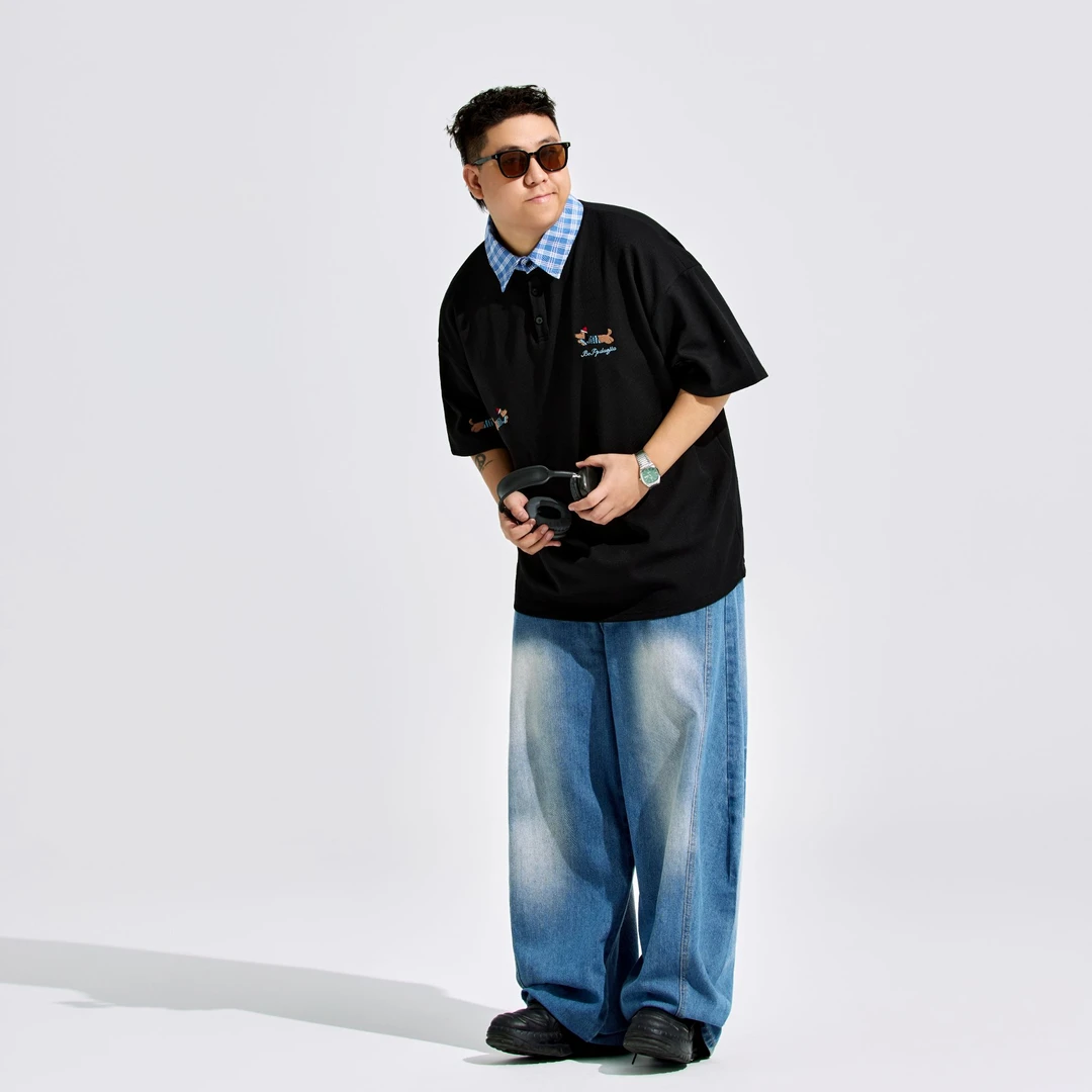 陈达浪不太胖【格纹刺绣】大码男装夏季华夫格腊肠狗短袖POLO衫男胖