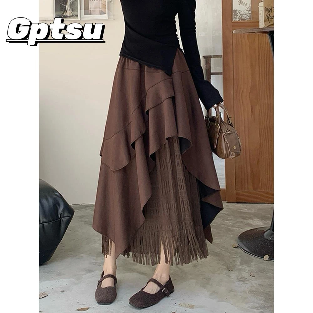 GPTSu复古麂皮绒不规则半身裙女2025新款设计高腰百搭字流苏长裙