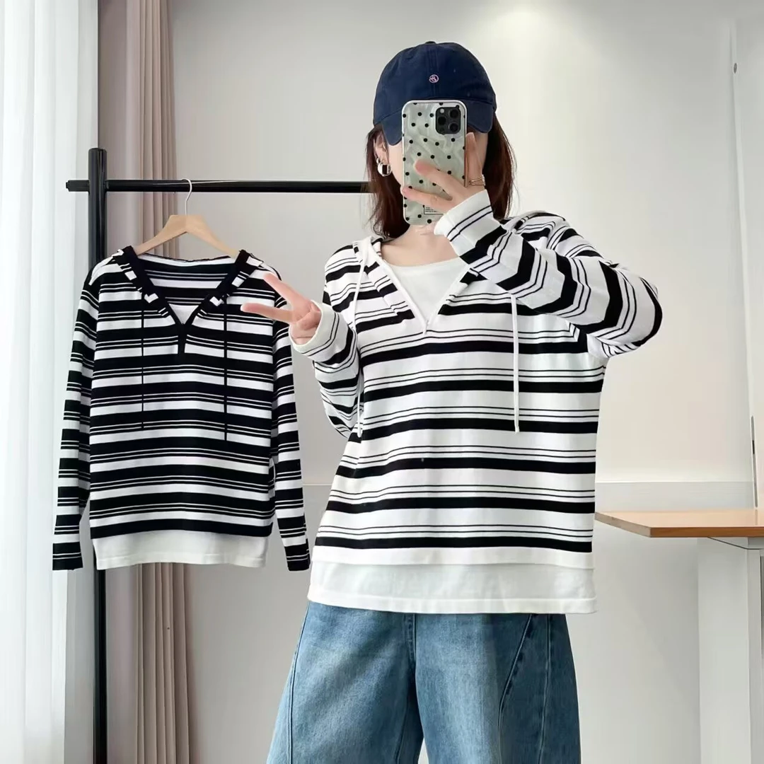 大码胖mm韩系慵懒风条纹连帽针织衫女秋季休闲撞色假两件上衣747