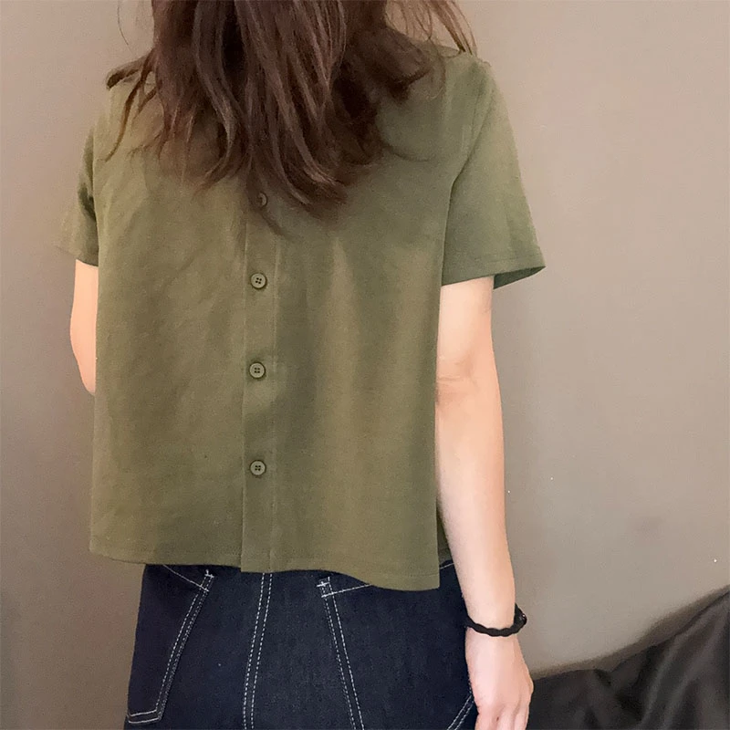 韩系单排扣小开衫圆领纯色短袖T恤女夏季新款简约百搭上衣小衫潮