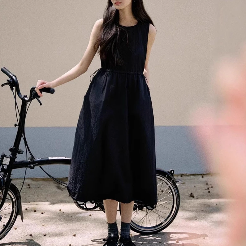 显瘦气质夏季黑色复古法式时尚小众宽松中长款拼接设计感连衣裙