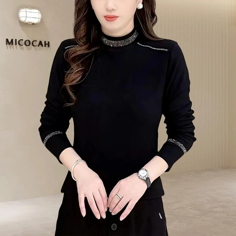 洋气半高领烫钻打底衫女2025秋冬新款气质减龄百搭长袖显瘦上衣女
