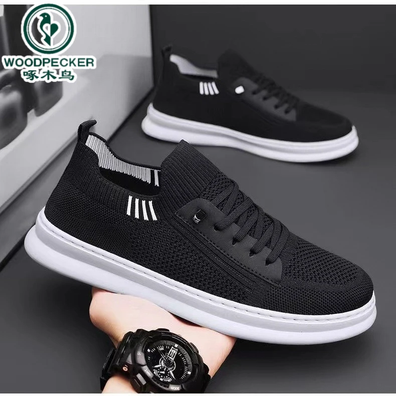 【正品】啄木鸟新款飞织袜口男鞋潮流时尚百搭透气休闲防滑男士板鞋