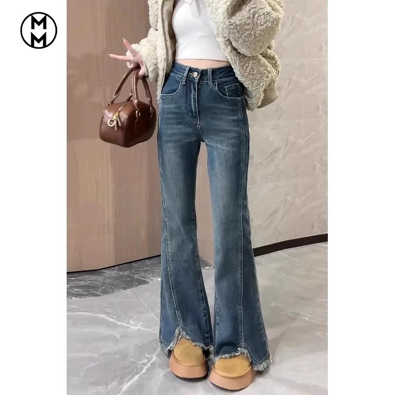MM美式复古蓝色牛仔裤女春季大码胖高腰显瘦梨形身材毛边微喇叭裤