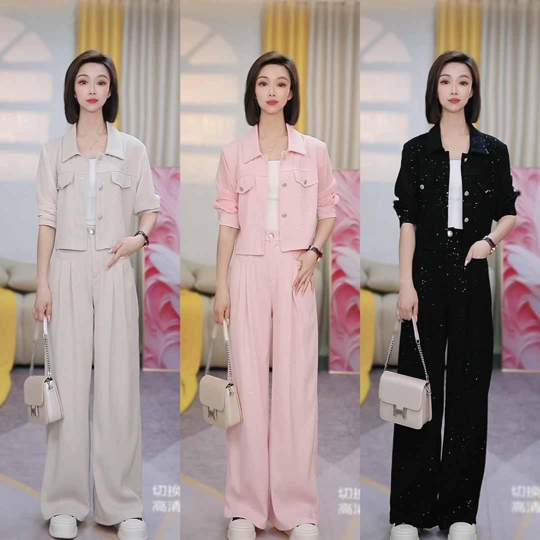 夏季新款气质洒金薄款套装百搭翻领上衣女+高腰显瘦阔腿裤10178
