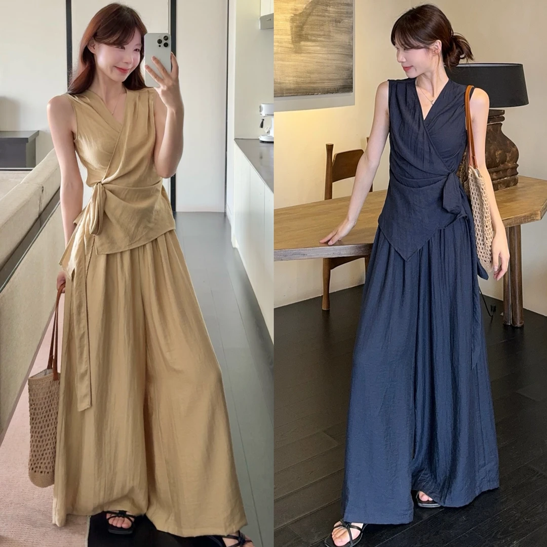 2025夏季韩系温柔度假风系带无袖背心+高腰垂感阔腿裤两件套A1315