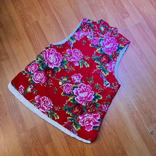 二囍古朴2412142东北大花长款斜襟马甲