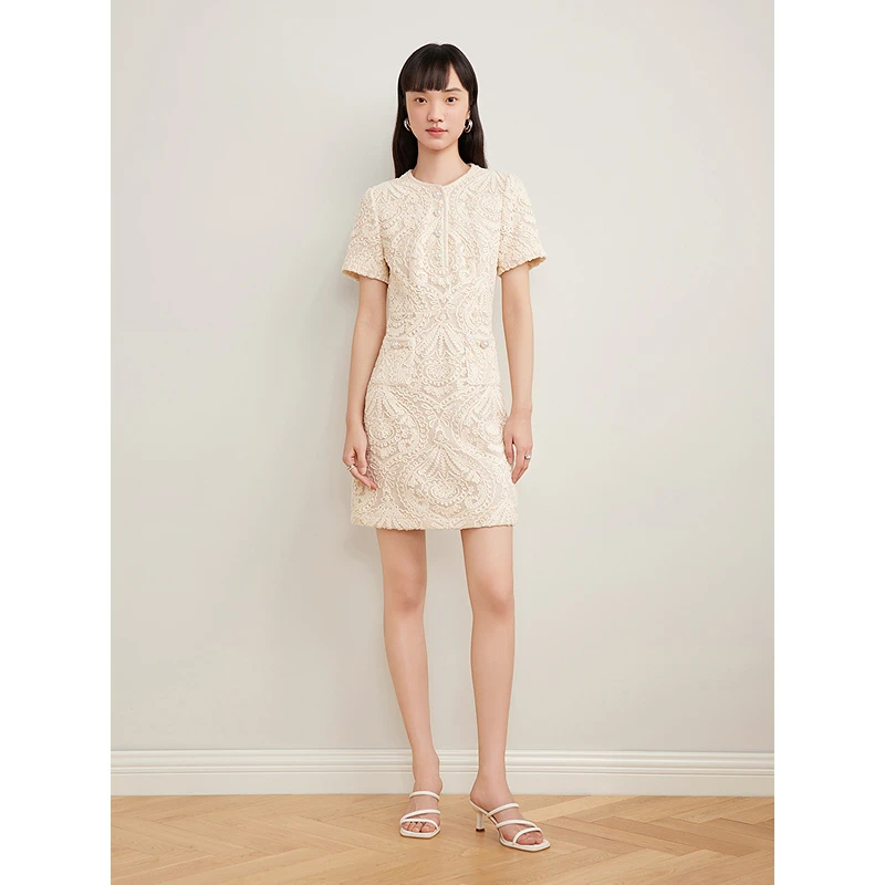 Goodland美地女装2025夏季新款香风肌理感蕾丝连衣裙LC35205070