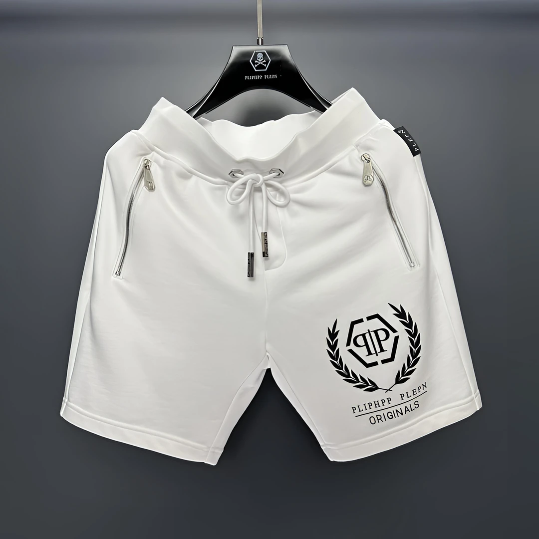PLIPHPP PLEPN品牌麦穗六角标英文经典轻奢重工黑白修身休闲短裤