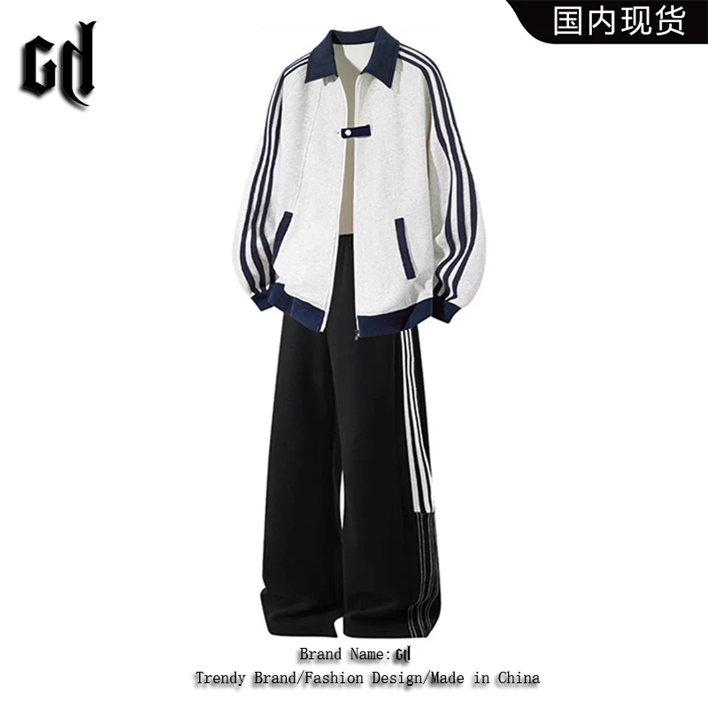 GD2025新款美式三条杠开衫卫衣男款春秋季宽松休闲百搭夹克外套男
