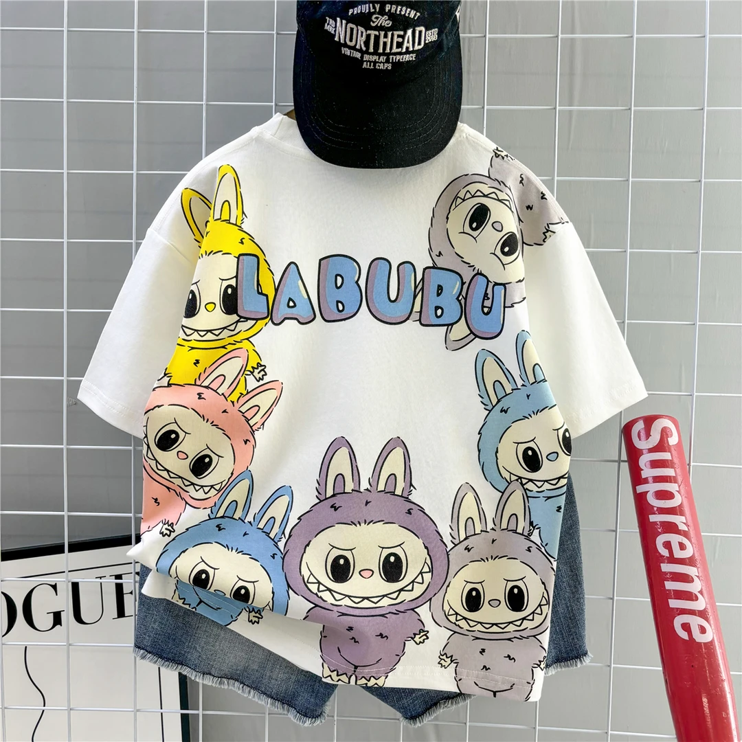 男童夏新短袖T恤2025中大童时尚水印拉布布卡通韩版宽松潮牌半袖