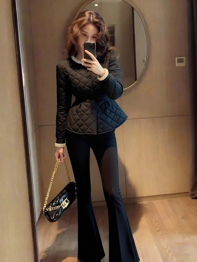 棉服女款2025新款冬巨好看独特漂亮气质高端加厚黑色菱格夹棉外套