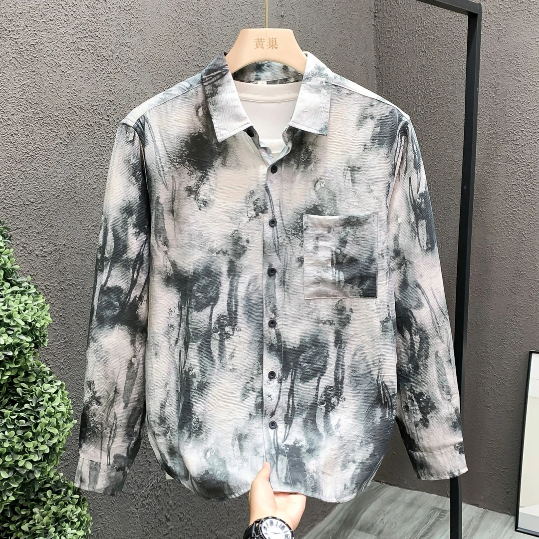 时尚高端男装轻奢复古渐变衬衫秋季爆款国风水墨扎染宽松百搭衬衣