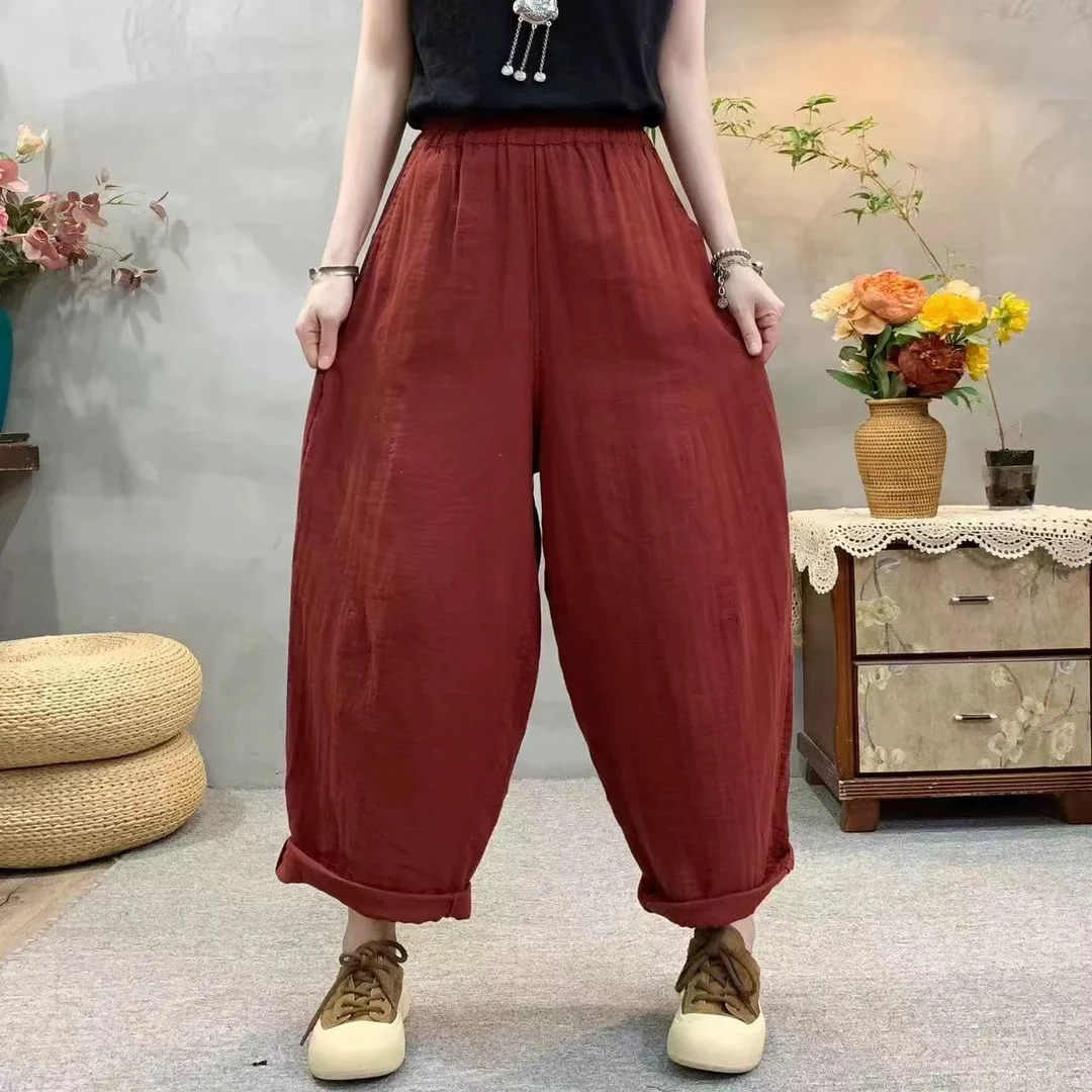 双纱纯色松紧腰休闲裤女新款百搭哈伦裤 长93 腰68-110臀130