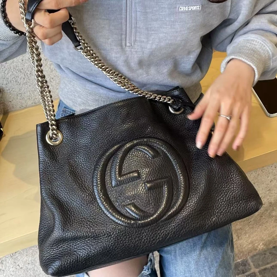 95新 GUCCI/古驰 XM/黑色复古流浪手提单肩包/KH04201662/改