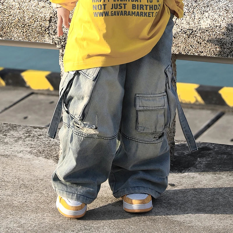 【现货】Jimmy妈童品 潮酷男孩 春季儿童多口袋破洞飘带水洗牛仔裤