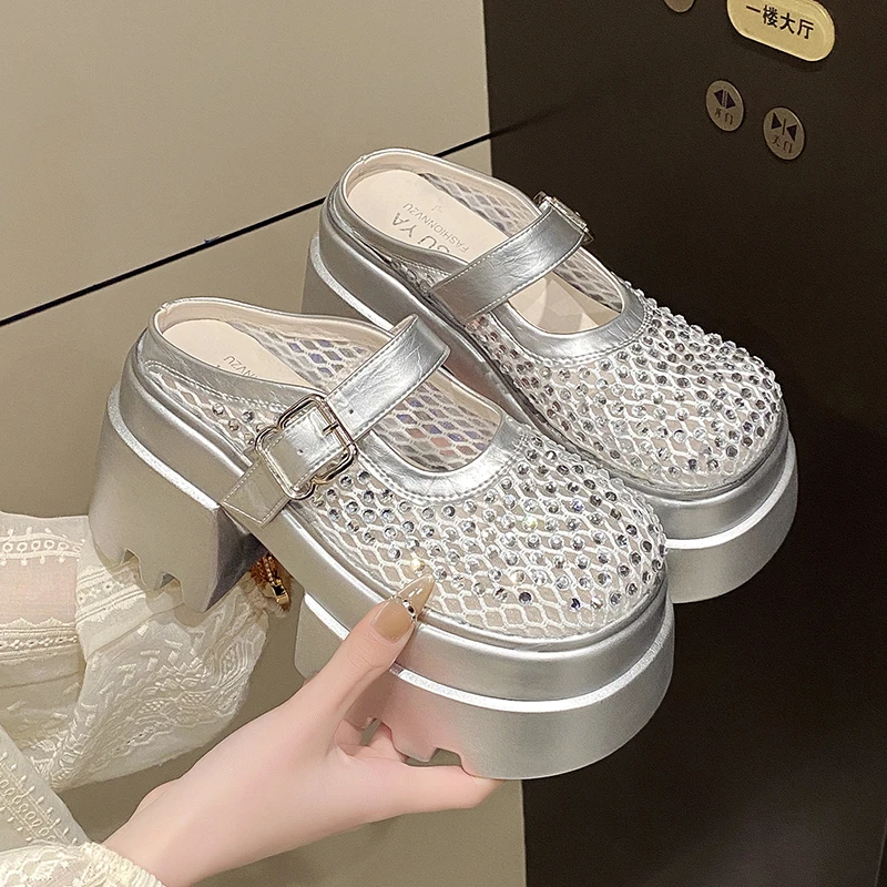 欧货银色半拖鞋女2025年新款爆款百搭夏季厚底包头拖鞋高跟勃肯鞋