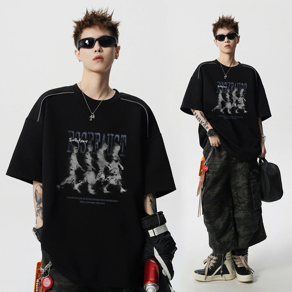 重磅美式新品嘻哈印花t恤复古夏季学生短袖情侣男女宽松圆领半袖