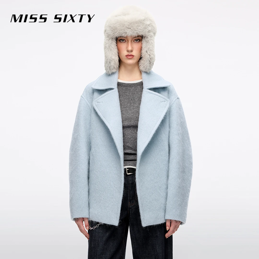 Miss Sixty2025冬季新款呢料外套女羊毛混纺配腰带西装领