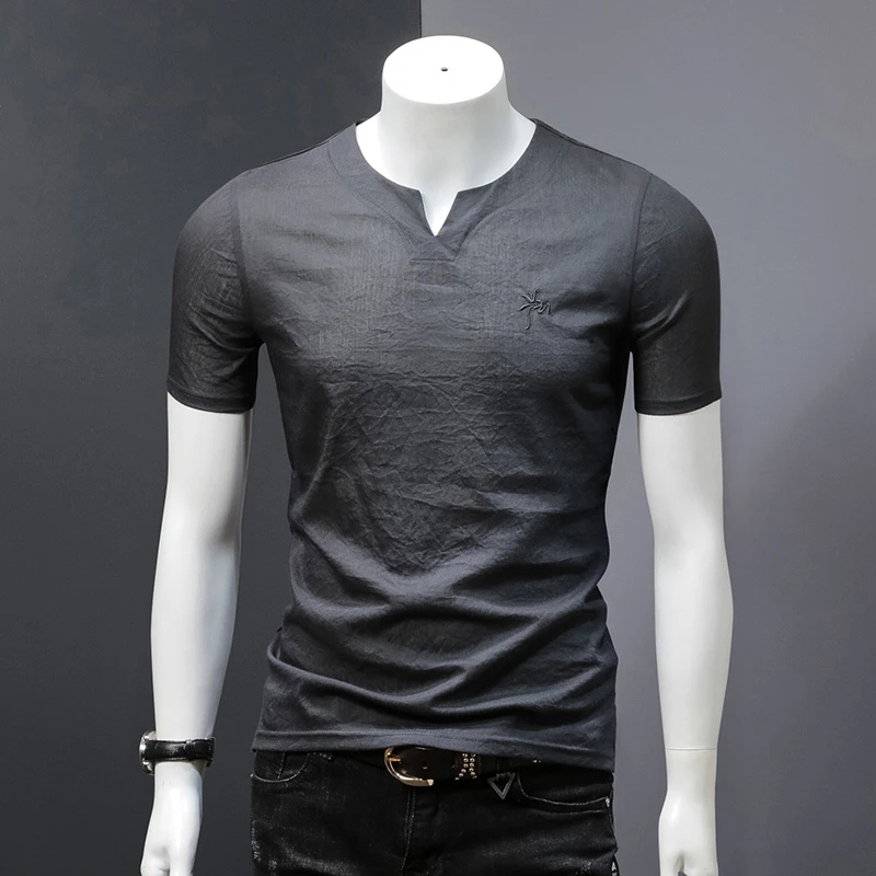 彪博短袖刺绣V字圆领丝光棉打底衫男士夏上衣半截袖体恤中国风潮