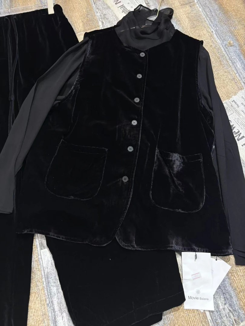 金丝绒三件套大码显瘦遮肉新款轻奢圆领设计感加衬马甲秋冬秋季