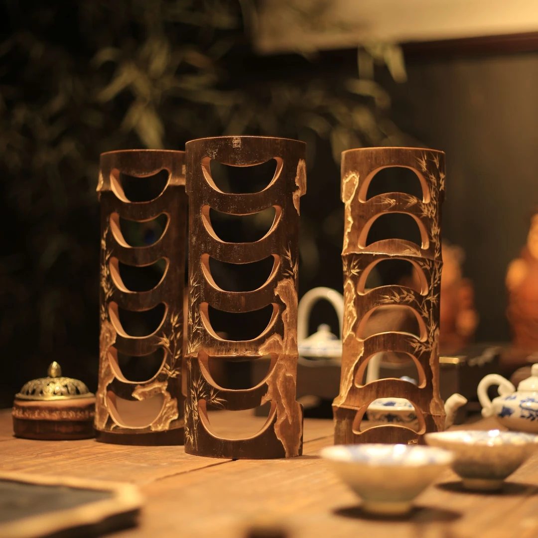 [竹野.礼]【竹石老竹杯架】竹雕纯手工高工刻绘茶杯收纳手刻