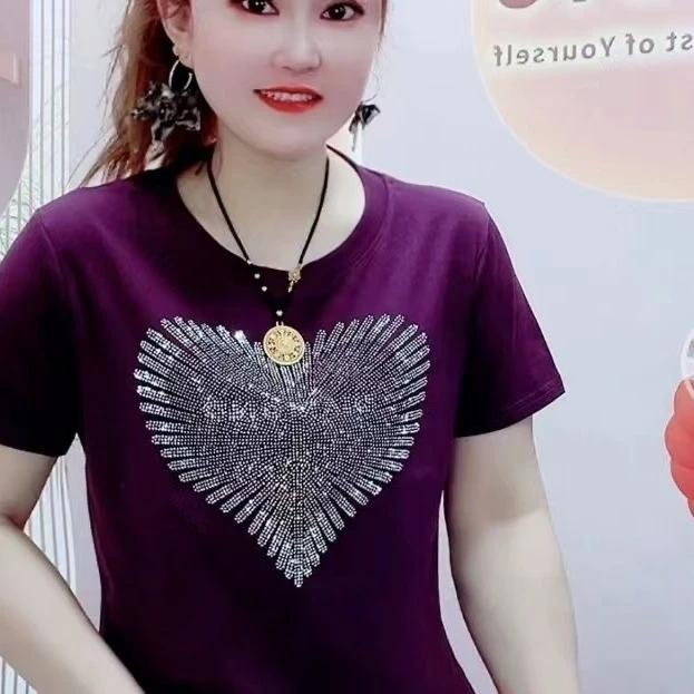 【高品质纯棉】洋气新款爱心烫钻短袖T恤衫显瘦时尚弹力遮肉半袖