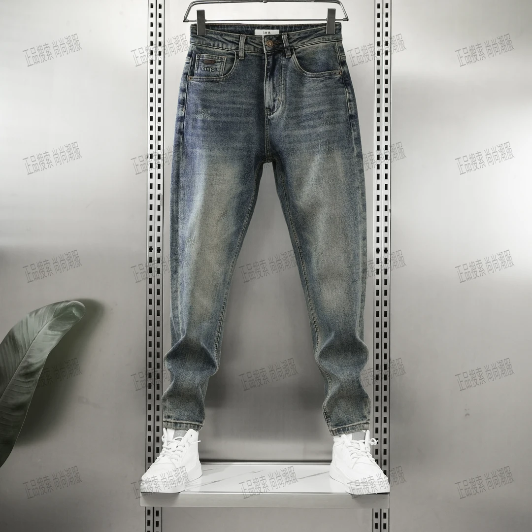 四季大牛微弹重磅做旧水洗轻奢钢印时尚简约潮流百搭微锥牛仔裤子