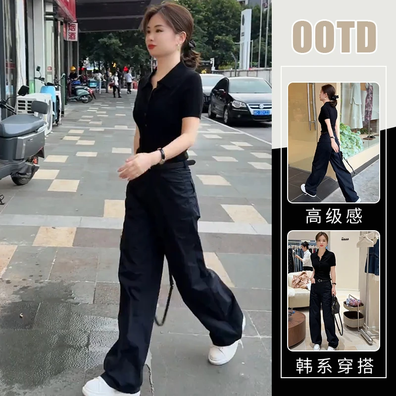 时尚黑色polo领气质上衣搭配高腰遮胯阔腿长裤美式别致显气质套装