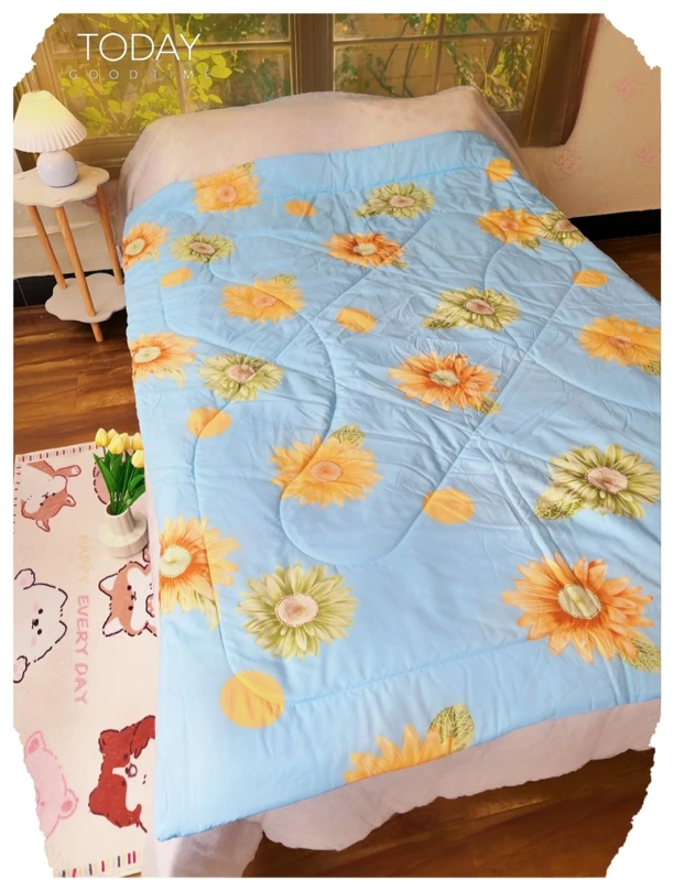 【夹棉】人造棉棉绸夏凉被可机洗-蓝色向日葵