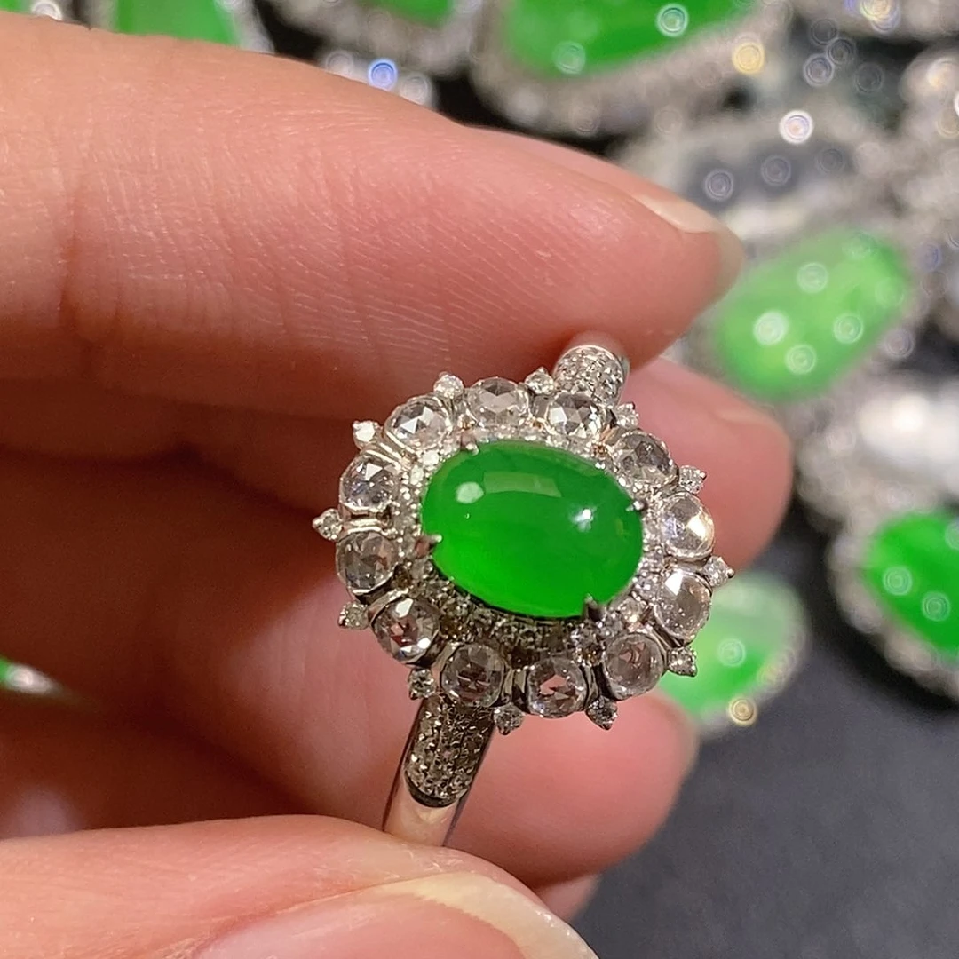 翡翠戒指18K金镶嵌天然缅甸A货翡翠