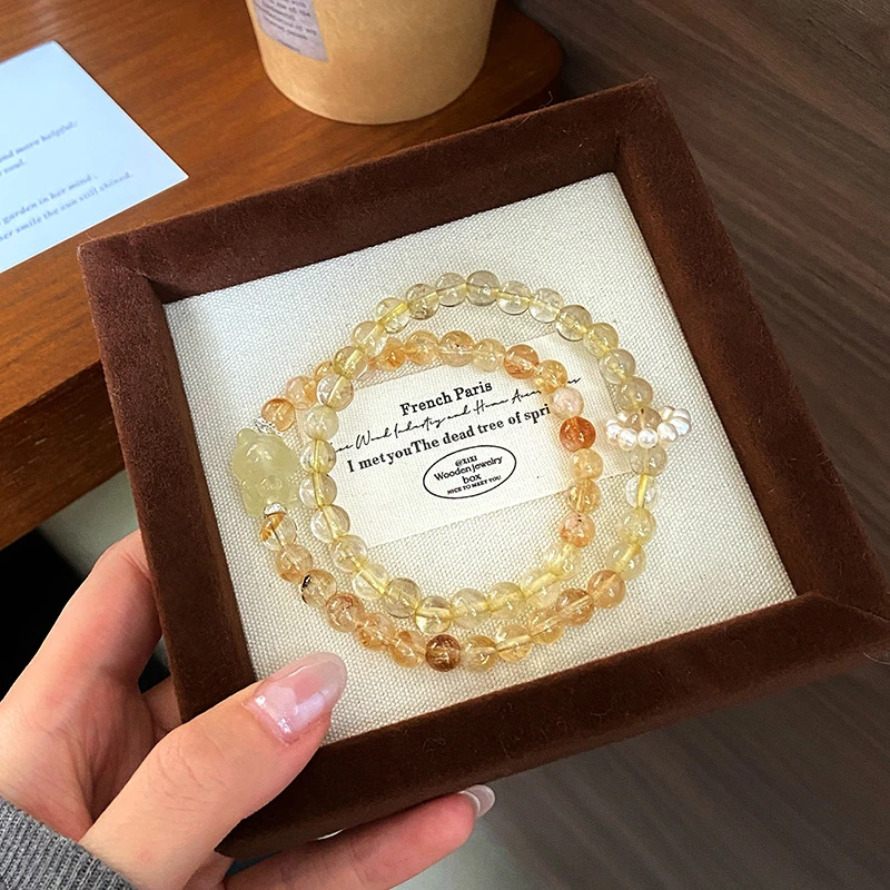 新中式天然黄塔晶黄水晶双圈手串轻奢高级感小熊手链