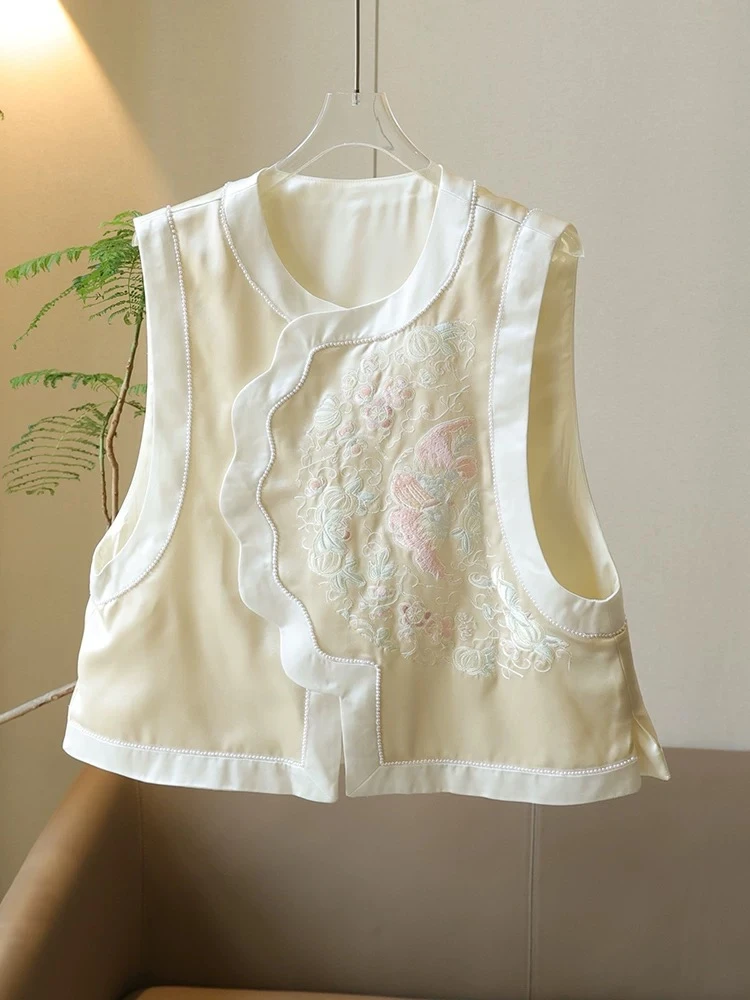 醋酸深圳高货新中式荷叶边刺绣马甲马夹女白色