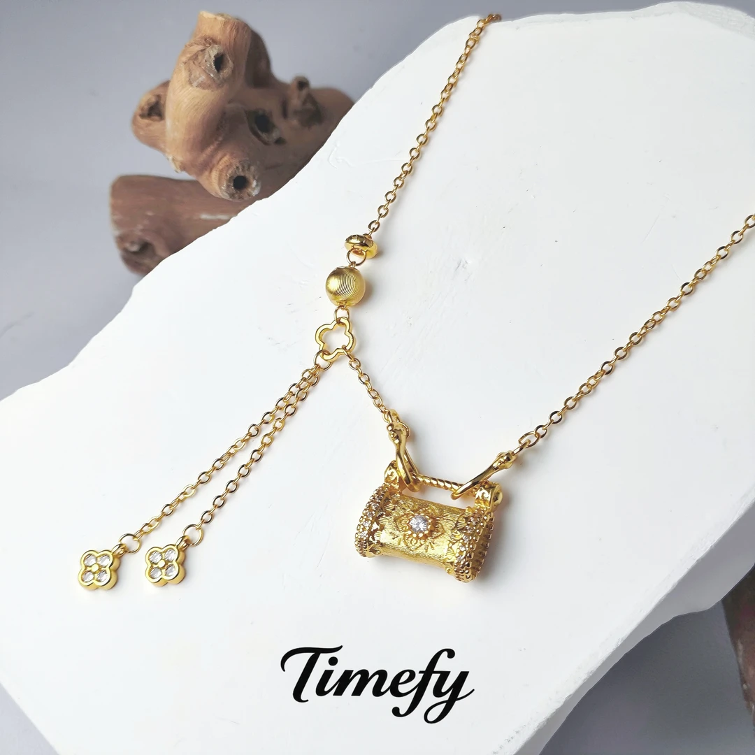 铜合金项链 新中式气质高级感四叶草流苏平安锁项链