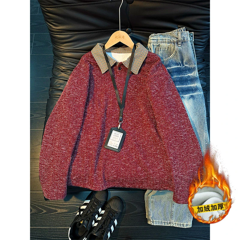 美式复古枣红色加绒Polo领卫衣男款秋冬季加厚打底衫翻领针织上衣
