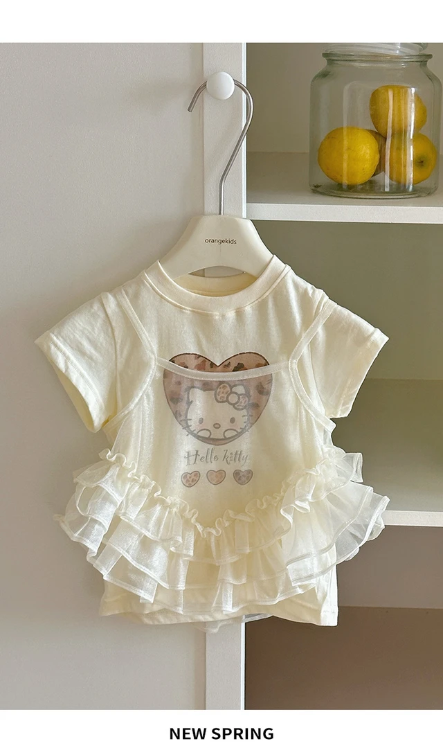 童装女童夏装T恤短袖韩版儿童蕾丝花边圆领吊带背心上衣套装洋气