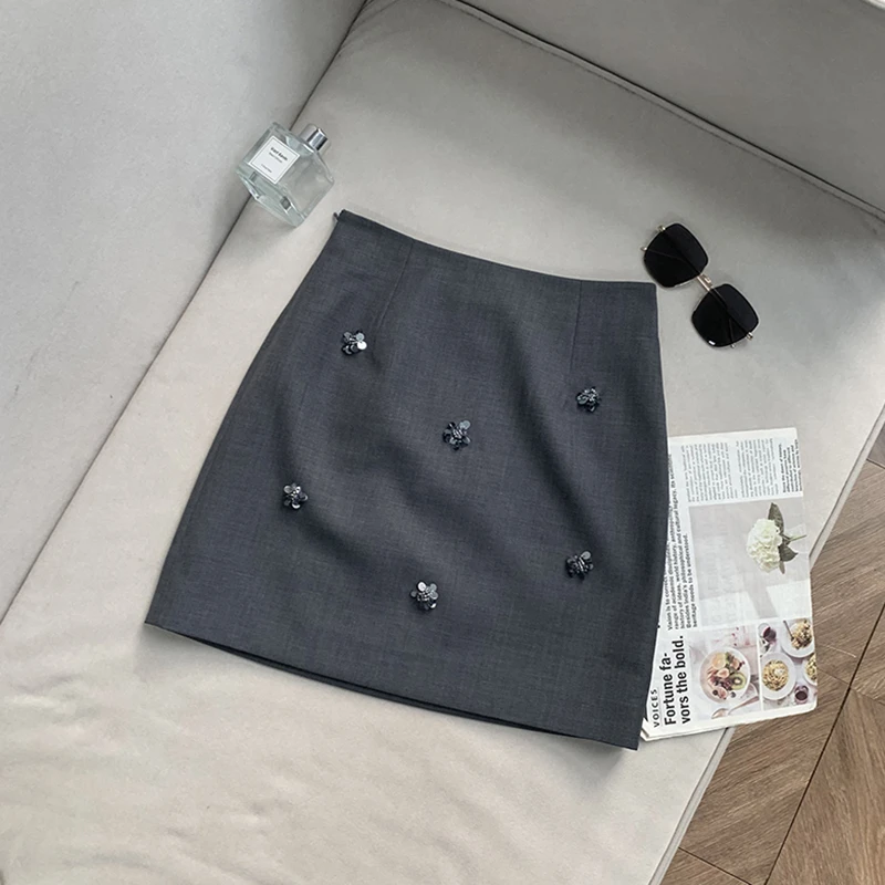 【南油溪溪】钉珠高级感西装半身裙高腰百搭ol显瘦A字裙中裙 800217