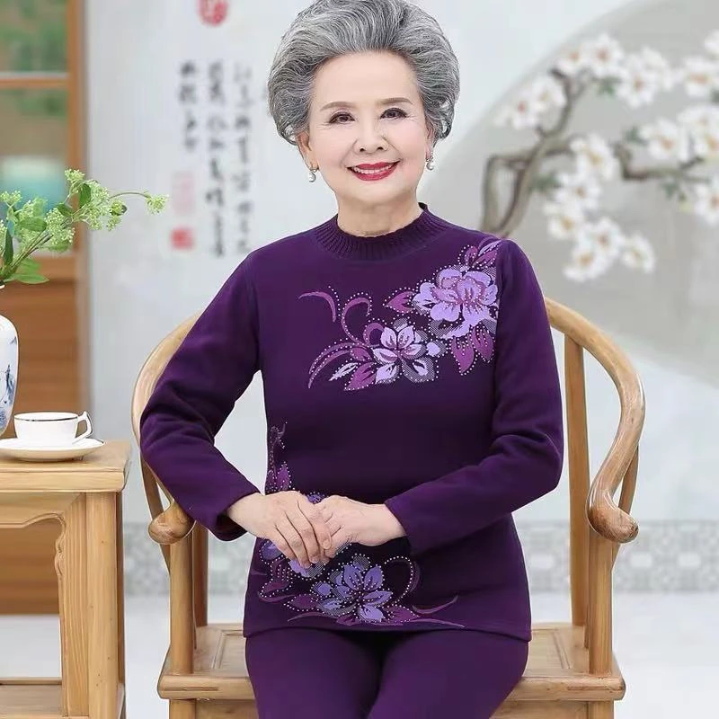 7795-奶奶装秋冬保暖内衣女中老年人加绒加厚打底衫毛衣两件套